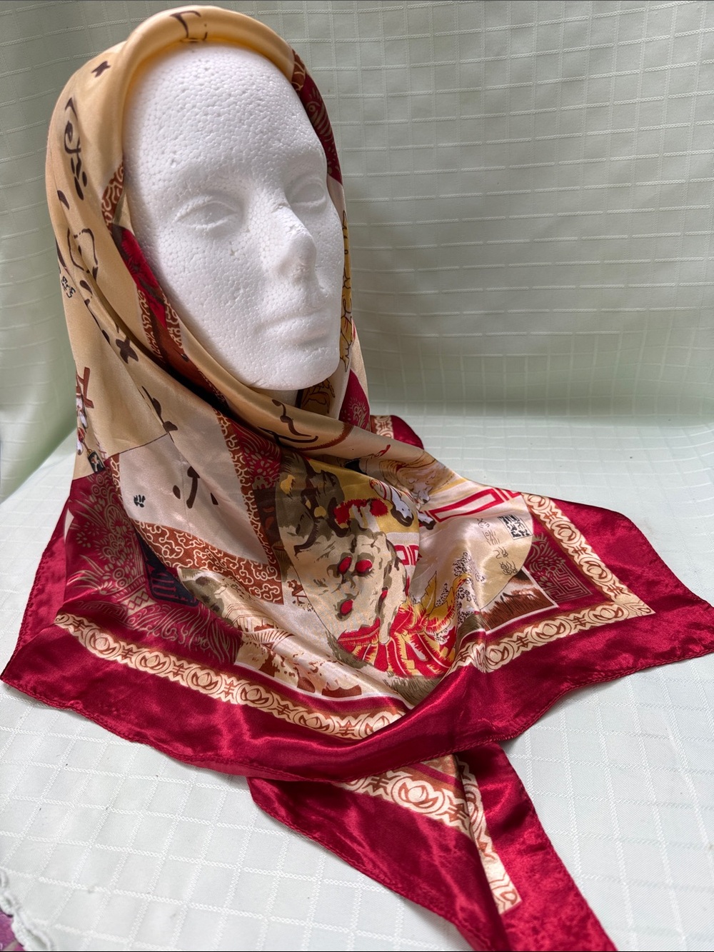 Vintage Silk Burgundy & Beige Printed Large Scarf
